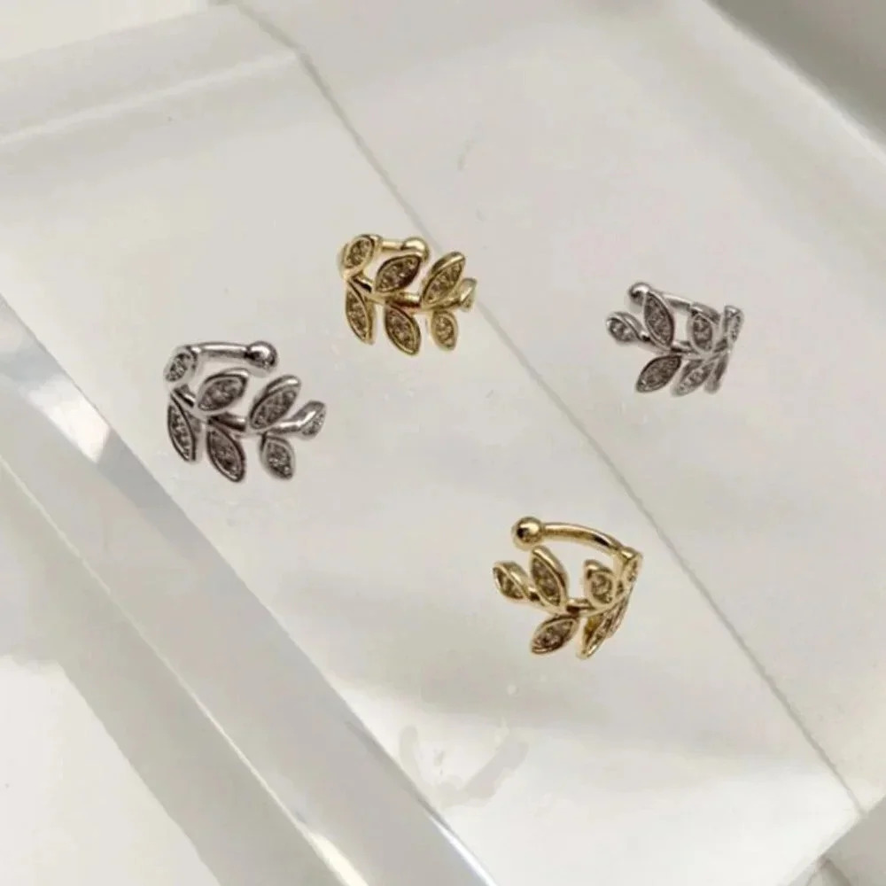 Sterling Silver Diamond Leaf Ear Cuffs Gold Silver
